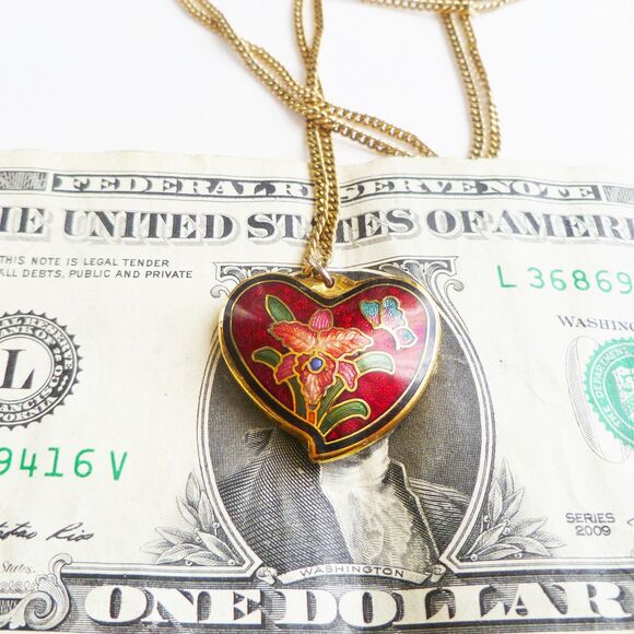 RED HEART Pendant 12K GF 1/20 Gold Chain Necklace VINTAGE Flower Cloisonne - Picture 5 of 5